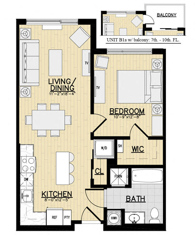 Floor plan for 1 bed, 1 bath, 677 sqft